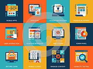 Flat conceptual web development icons concepts set for website and mobile site and apps.