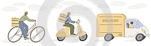 Flat courier deliver parcels on scooter, bicycle and truck