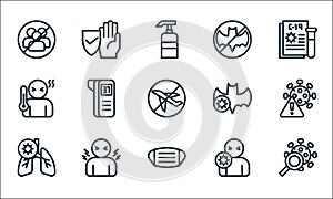 flat covid line icons. linear set. quality vector line set such as virus search, facial mask, lungs, sickness, fever, fever, bat,