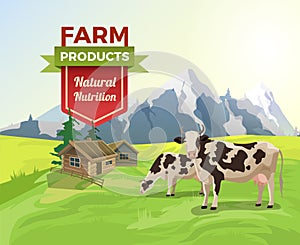 Flat cow field countryside building vector Natural