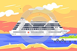 Flat cruise ship for sea travel and passenger transportation.