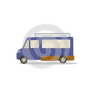 Flat cute cartoon blue van design with isolated white vector.Mini bus flat style.Travel Car