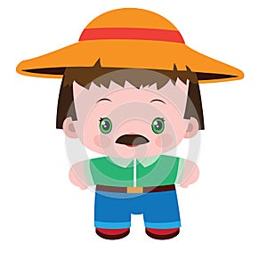 flat, cute farmer in straw hat, isolated object on white background, vector illustration