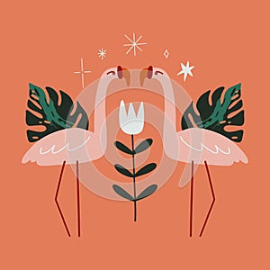 Flat Cute Flamingo Birds Summer Art Print Vector Illustration in Modern Collage Artistic Trendy Style