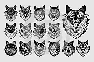 Flat cute meowing ragdoll cat head illustration design set