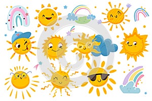 Flat cute sun with happy emotions, clouds and rainbow