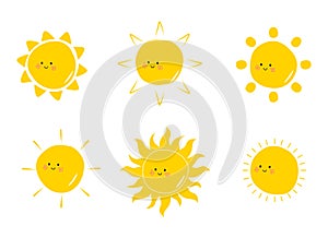 Flat cute suns collection hand drawn doodle illustration. Kawaii sun Cartoon