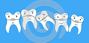 Flat cute teeth with braces. Dental care. Oral hygiene concept for children for pediatric dentistry. Teeth cleaning and