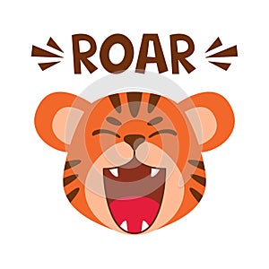 Flat cute tiger open mouth roar. Trendy Scandinavian style. Cartoon animal character vector illustration isolated on background.