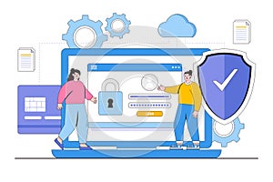 Flat cyber data security online, internet security or information privacy and protection concept. Outline design style vector