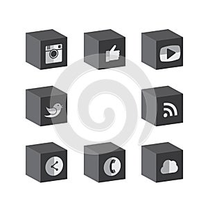 flat 3d cube black & white button designs of camera, like, messenger bird, phone