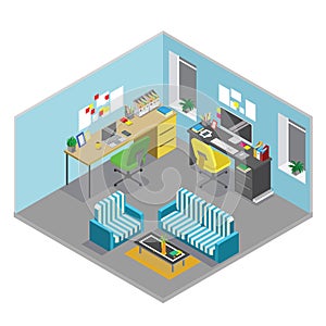 Flat 3d isometric abstract office floor interior departments concept vector. photo