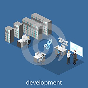 Flat 3D isometric concept illustration of office software developer and teamwork. .