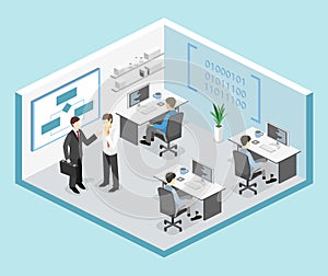 Flat 3D isometric concept illustration of office software developer