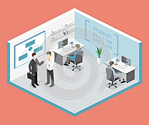 Flat 3D isometric concept illustration of office software developer