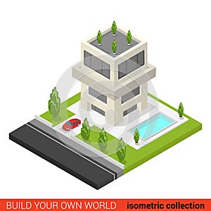 Flat 3d isometric condo hostel pool building block