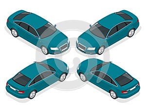 Flat 3d isometric high quality city sedan car icons set. Set of urban public transport. For infographics.