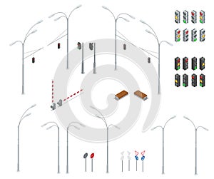 Flat 3d isometric high quality city street urban objects icon set. Traffic light, street lights, stop road, bench