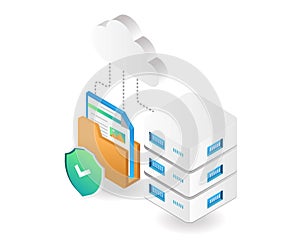 Flat 3d isometric illustration of cloud server data analysis security