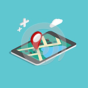 Flat 3d isometric mobile navigation maps infographic. Paper map