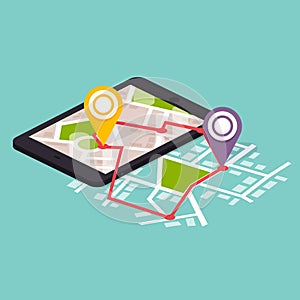 Flat 3d isometric mobile navigation maps infographic. Paper map