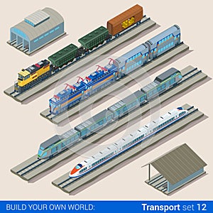 Flat 3d isometric vector train depot railroad railway transport photo