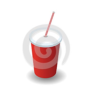 Isometric red plastic glass with lid and straw isolated on white background