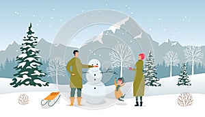 Flat Dad, Mom and Son Sculpt Snowman, Winter Fun