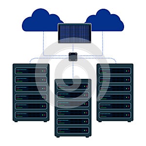 Flat data hosting servers connected to cloud.