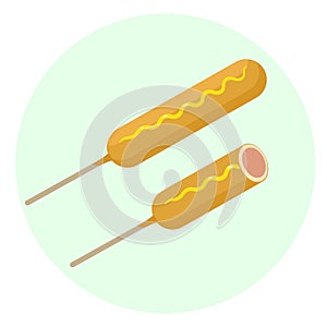 Flat delicious corn dog with sausage in dough and mustard icon