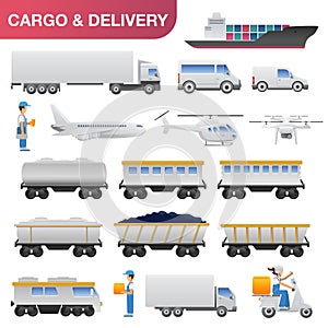 Flat delivery and logistics transport icon set