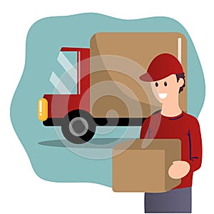Flat delivery service truck and courier in uniform with box in hands