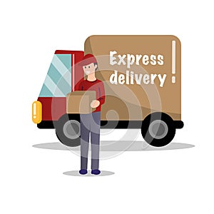 Flat delivery service truck and courier in uniform with box in hands