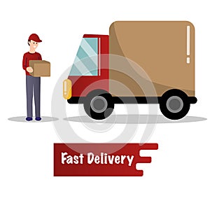 Flat delivery service truck and courier in uniform with box and red banner