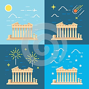 Flat design 4 styles of Parthenon Athens Greece