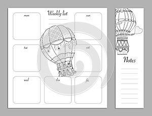 Flat design adult coloring page, notes, weekly and to do list in top view. Sketchbook, coloring book, diary or bullet journal