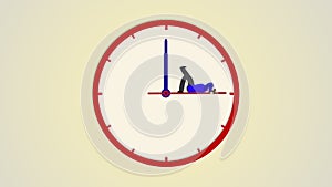 Flat design animation showing relaxed man lying on the clock arrow and time stopped.