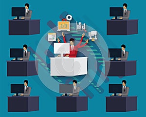 Flat design of average worker and multi-skills worker in red suit working together in business workplace, Smart worker concept,