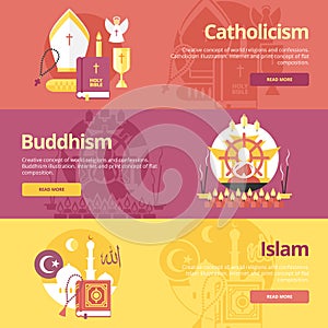 Flat design banner concepts for islam, buddhism, catholicism. Religion concepts for web banners.