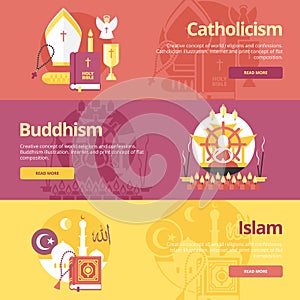 Flat design banner concepts for islam, buddhism, catholicism. Religion concepts for web banners. photo