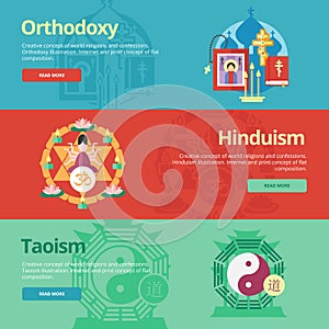 Flat design banner concepts for orthodoxy, hinduism, taoism.