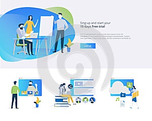 Flat design banner and elements of distance education
