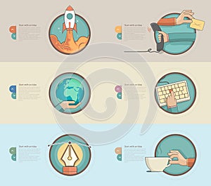 Flat design banners with set of flat concept icons for web design and business templates