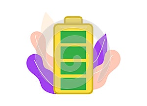 Flat design battery icon with full charge surrounded by colorful leaves. Eco-friendly energy concept. Green technology