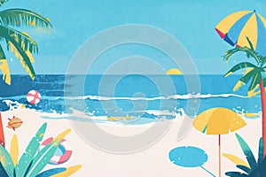 Flat design beach scene simplistic style sandy shore palm trees clear blue sky background