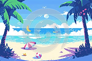 Flat design beach scene simplistic style sandy shore palm trees clear blue sky background