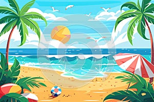 Flat design beach scene simplistic style sandy shore palm trees clear blue sky background