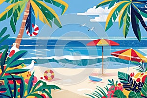 Flat design beach scene simplistic style sandy shore palm trees clear blue sky background