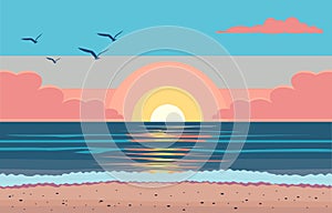 Flat Design of Beautiful Beach Landscape with Seagulls Flying in Colorful Sky at Sunset