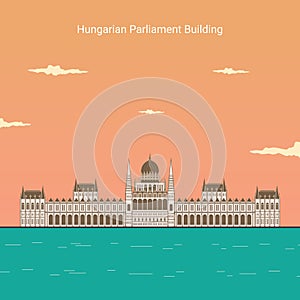 Flat design Budapest Parliament. Vector illustration of the famous landmark building in the capital of Hungary. Hungarian landmark